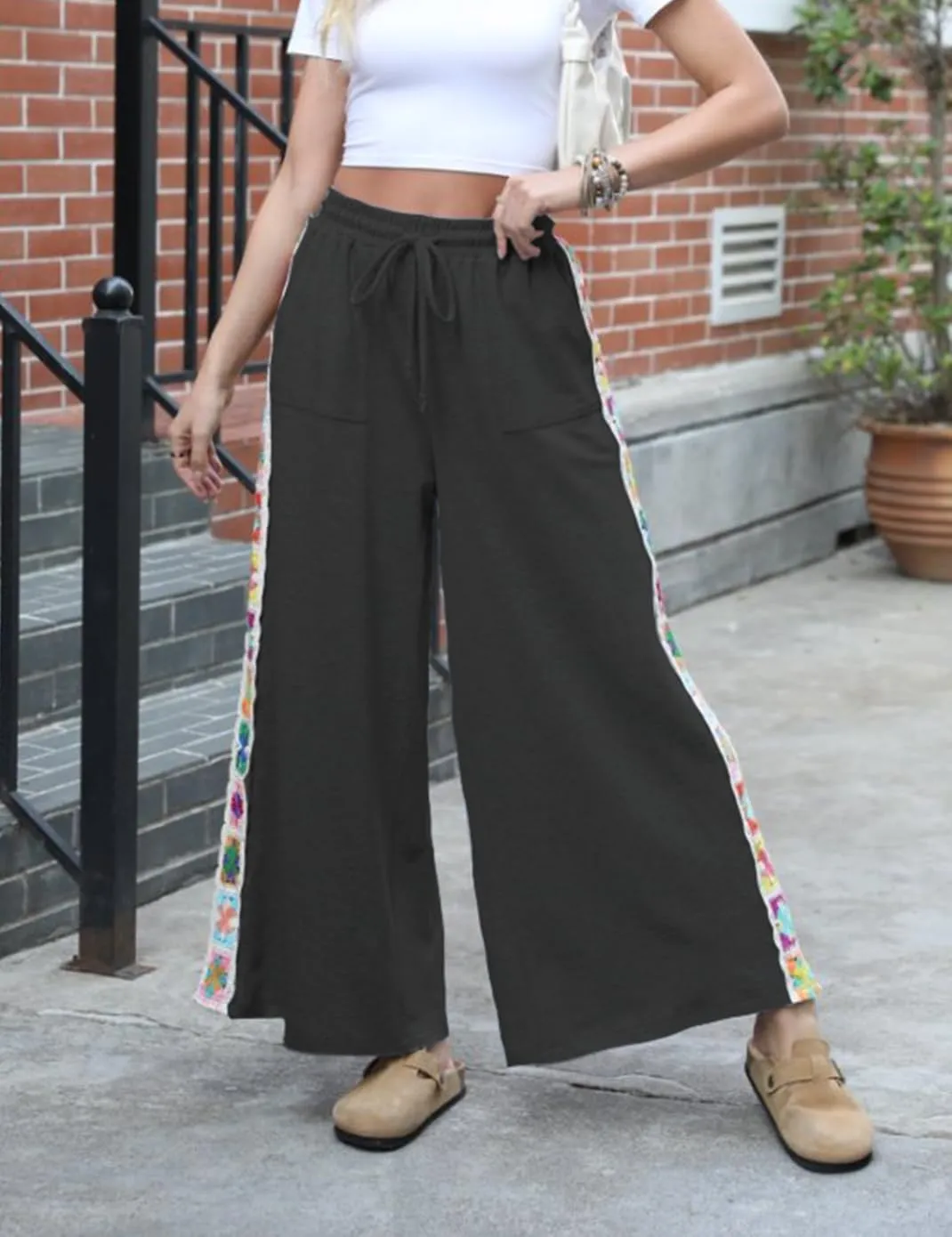 Haellun Womens Casual Comfy Pants High Waist Boho Wide Leg Cropped Palazzo Crochet Beach Pants with Pockets