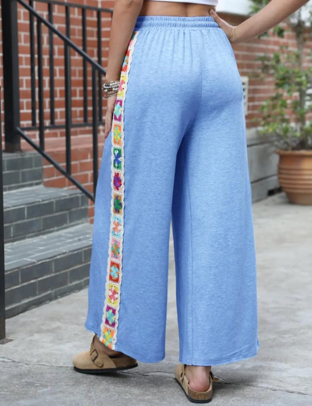 Haellun Womens Casual Comfy Pants High Waist Boho Wide Leg Cropped Palazzo Crochet Beach Pants with Pockets