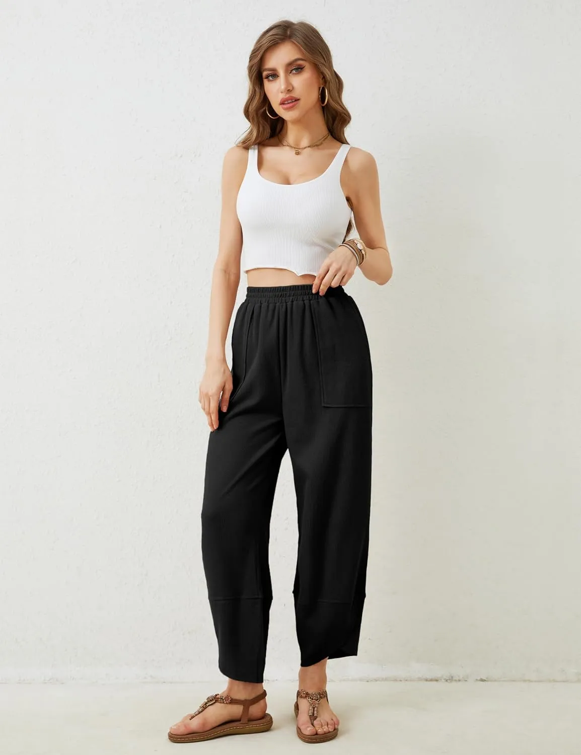 Hooever Women's Wide Leg Harem Pants Baggy Elastic Waisted Cotton Palazzo Pants Summer Beach Trousers