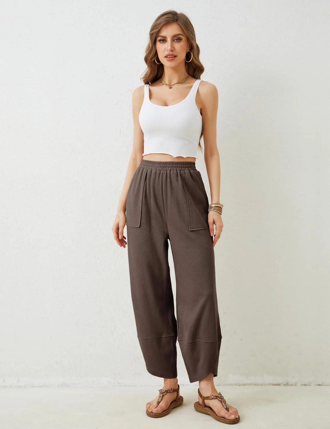 Hooever Women's Wide Leg Harem Pants Baggy Elastic Waisted Cotton Palazzo Pants Summer Beach Trousers