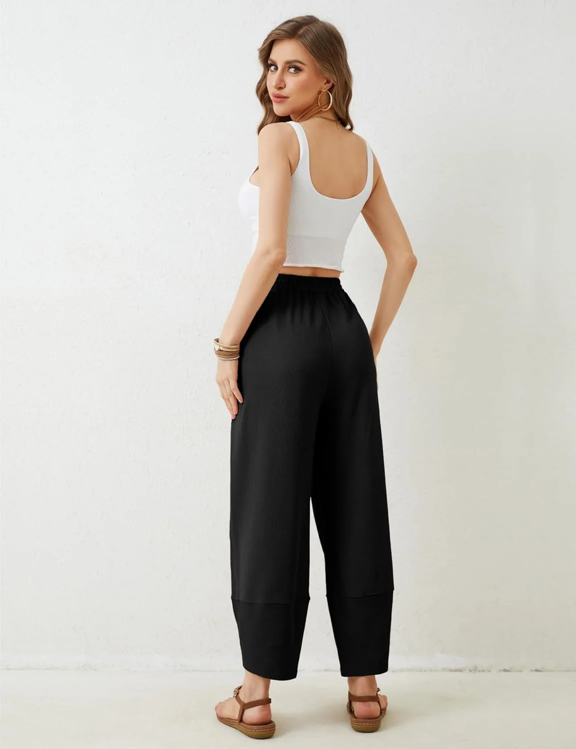 Hooever Women's Wide Leg Harem Pants Baggy Elastic Waisted Cotton Palazzo Pants Summer Beach Trousers