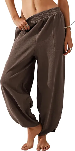 Hooever Women's Wide Leg Harem Pants Baggy Elastic Waisted Cotton Palazzo Pants Summer Beach Trousers