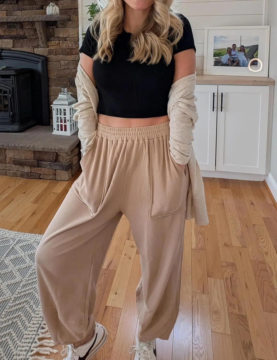 Hooever Women's Wide Leg Harem Pants Baggy Elastic Waisted Cotton Palazzo Pants Summer Beach Trousers