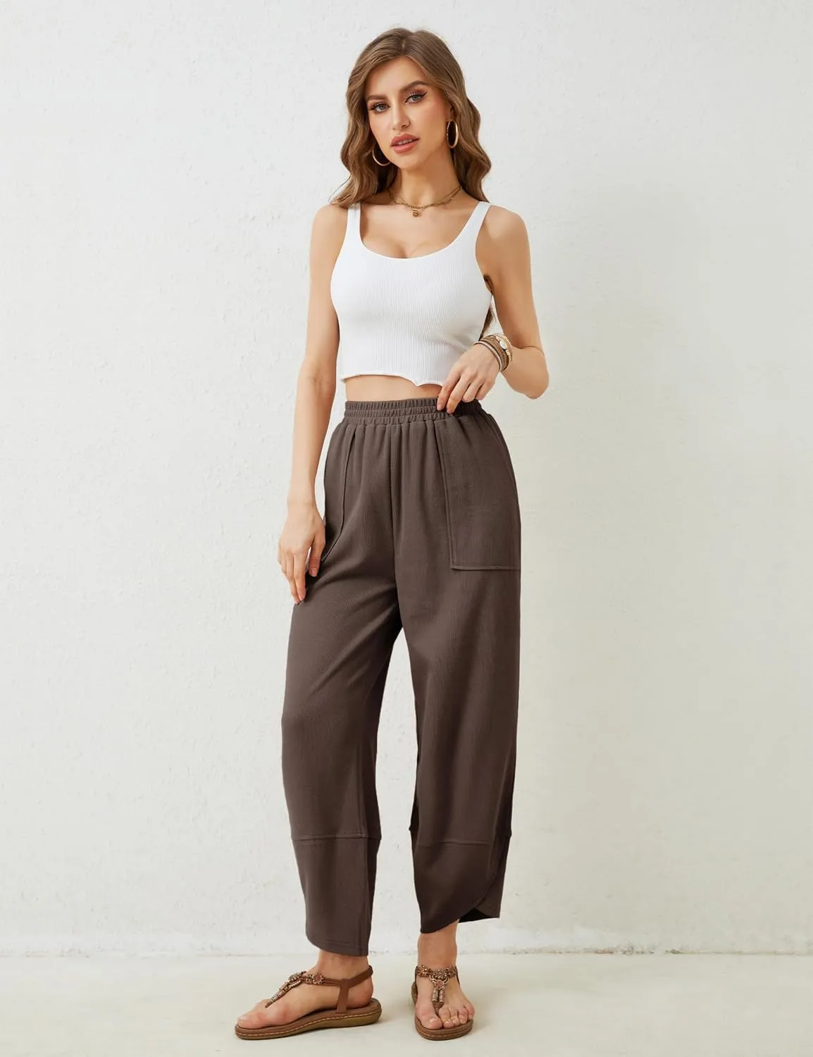 Hooever Women's Wide Leg Harem Pants Baggy Elastic Waisted Cotton Palazzo Pants Summer Beach Trousers