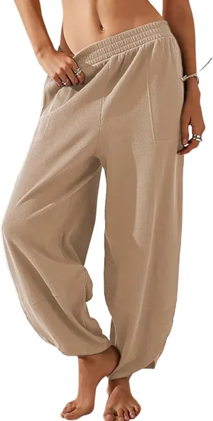 Hooever Women's Wide Leg Harem Pants Baggy Elastic Waisted Cotton Palazzo Pants Summer Beach Trousers