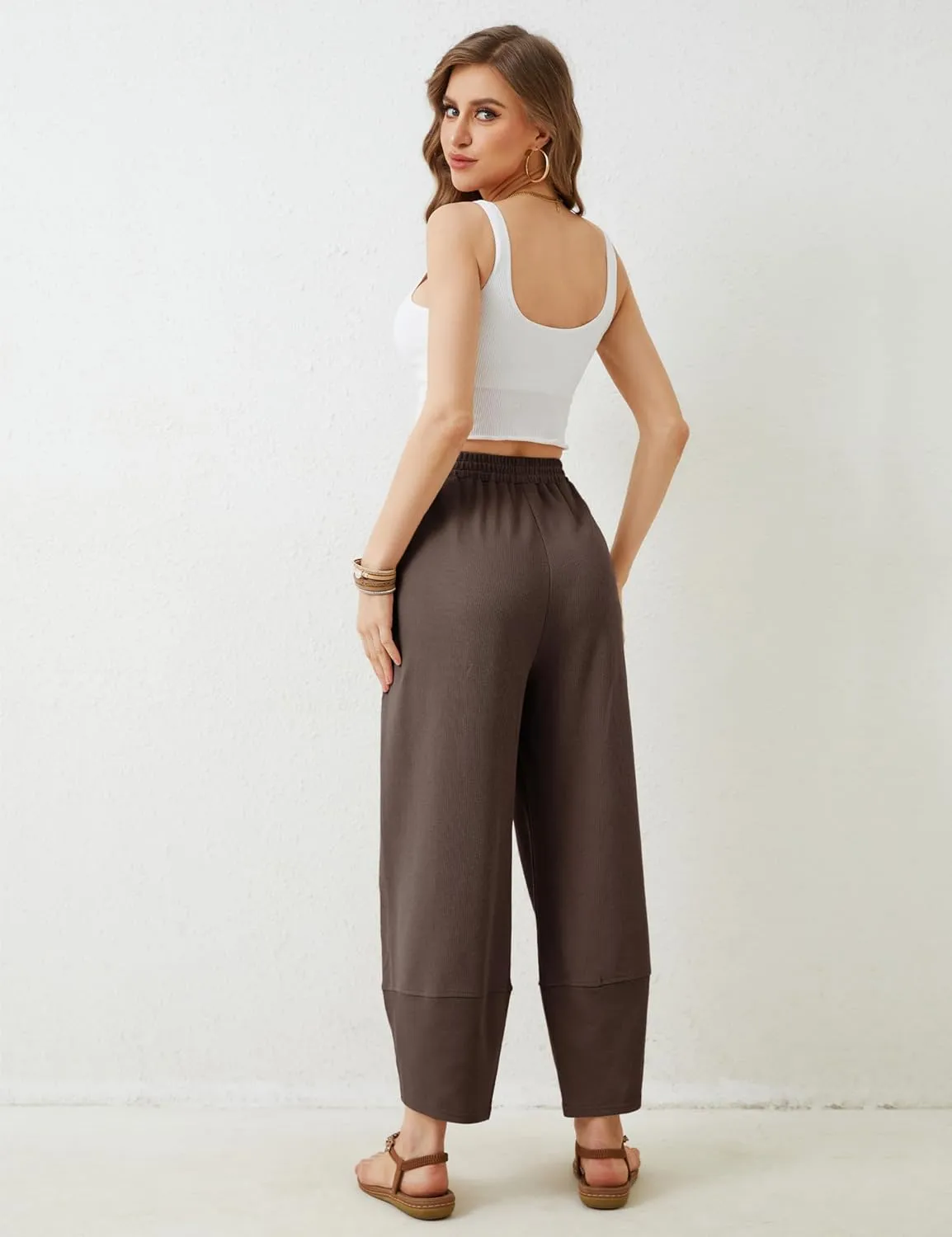 Hooever Women's Wide Leg Harem Pants Baggy Elastic Waisted Cotton Palazzo Pants Summer Beach Trousers