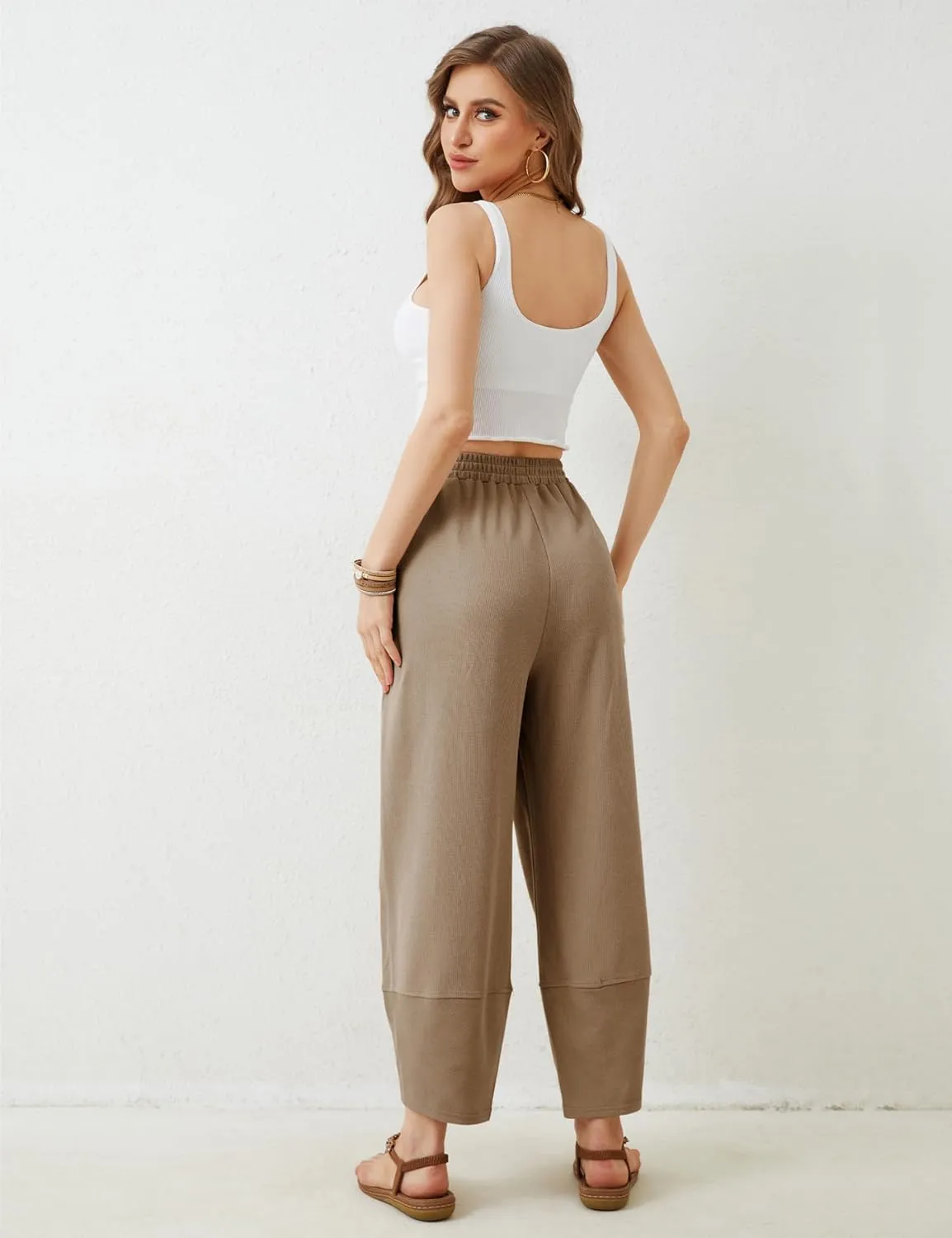 Hooever Women's Wide Leg Harem Pants Baggy Elastic Waisted Cotton Palazzo Pants Summer Beach Trousers
