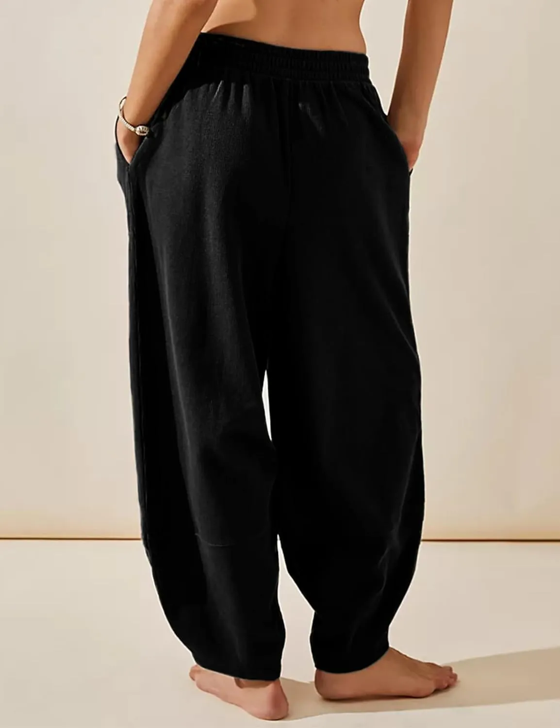 Hooever Women's Wide Leg Harem Pants Baggy Elastic Waisted Cotton Palazzo Pants Summer Beach Trousers
