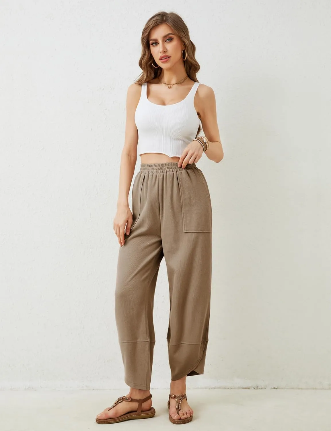 Hooever Women's Wide Leg Harem Pants Baggy Elastic Waisted Cotton Palazzo Pants Summer Beach Trousers