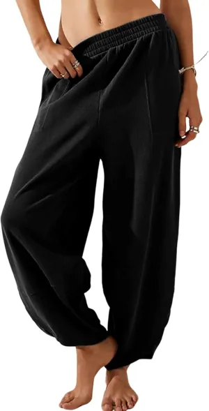 Hooever Women's Wide Leg Harem Pants Baggy Elastic Waisted Cotton Palazzo Pants Summer Beach Trousers