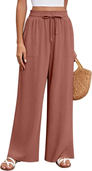 Huukeay Women's Linen Wide Leg Pants, High Waist Flowy Palazzo Pants with Pockets Drawstring Summer Casual Work Trousers
