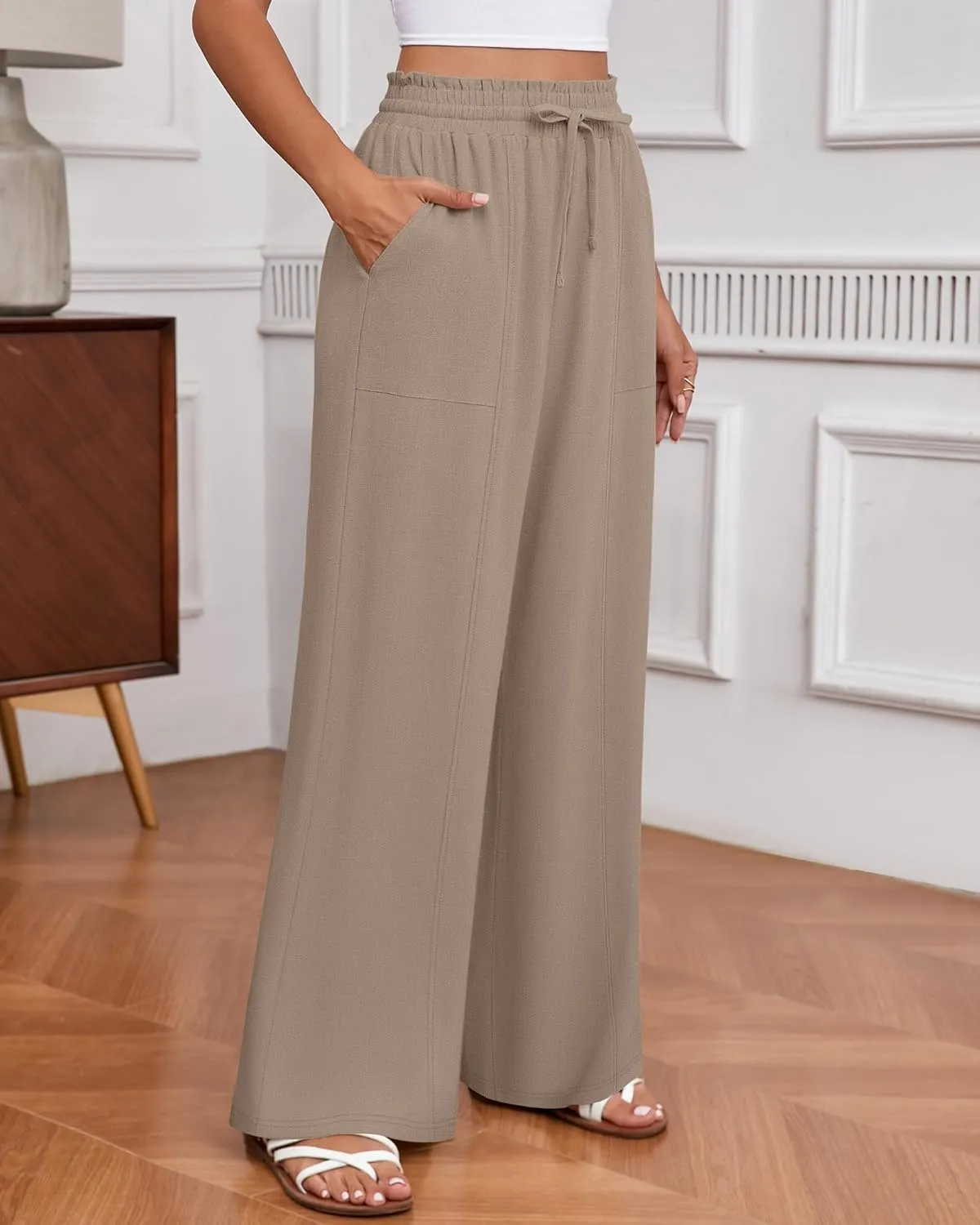 Huukeay Women's Linen Wide Leg Pants, High Waist Flowy Palazzo Pants with Pockets Drawstring Summer Casual Work Trousers