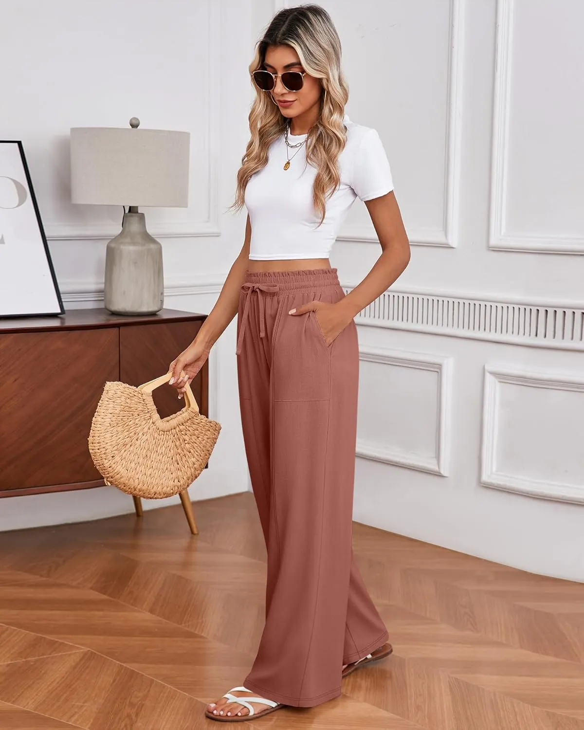 Huukeay Women's Linen Wide Leg Pants, High Waist Flowy Palazzo Pants with Pockets Drawstring Summer Casual Work Trousers