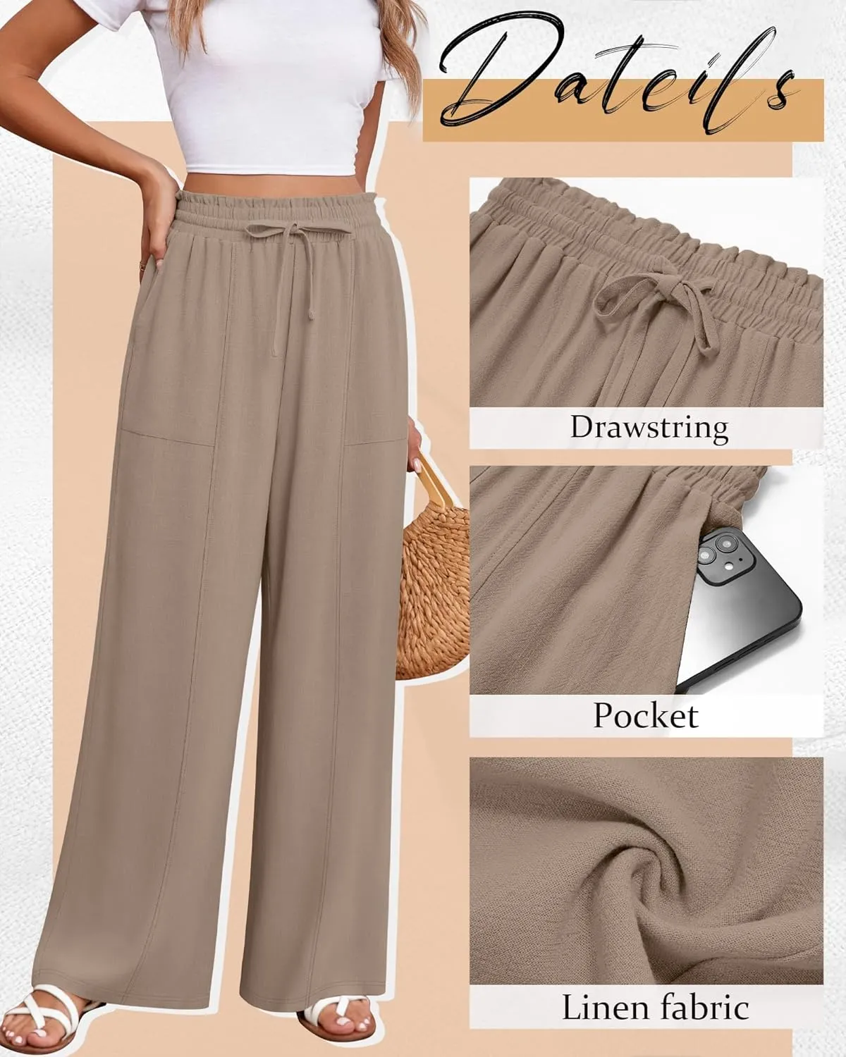 Huukeay Women's Linen Wide Leg Pants, High Waist Flowy Palazzo Pants with Pockets Drawstring Summer Casual Work Trousers