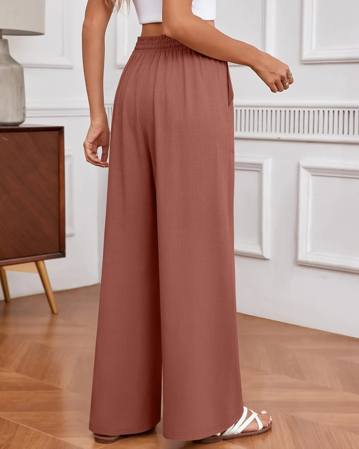 Huukeay Women's Linen Wide Leg Pants, High Waist Flowy Palazzo Pants with Pockets Drawstring Summer Casual Work Trousers