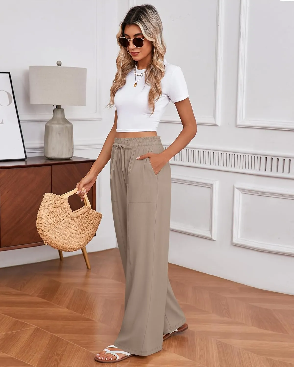 Huukeay Women's Linen Wide Leg Pants, High Waist Flowy Palazzo Pants with Pockets Drawstring Summer Casual Work Trousers