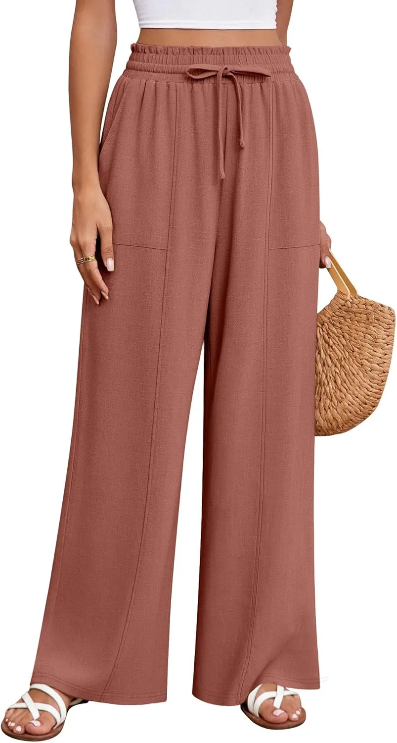 Huukeay Women's Linen Wide Leg Pants, High Waist Flowy Palazzo Pants with Pockets Drawstring Summer Casual Work Trousers