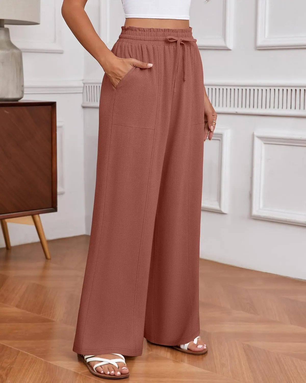 Huukeay Women's Linen Wide Leg Pants, High Waist Flowy Palazzo Pants with Pockets Drawstring Summer Casual Work Trousers