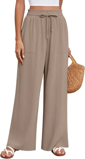 Huukeay Women's Linen Wide Leg Pants, High Waist Flowy Palazzo Pants with Pockets Drawstring Summer Casual Work Trousers