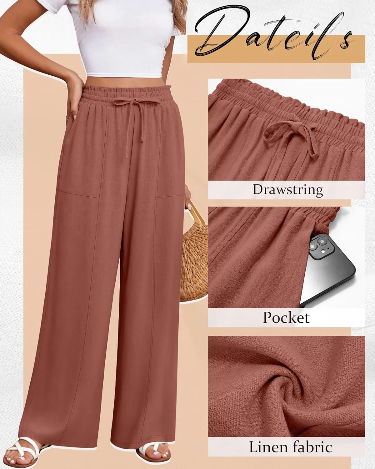 Huukeay Women's Linen Wide Leg Pants, High Waist Flowy Palazzo Pants with Pockets Drawstring Summer Casual Work Trousers