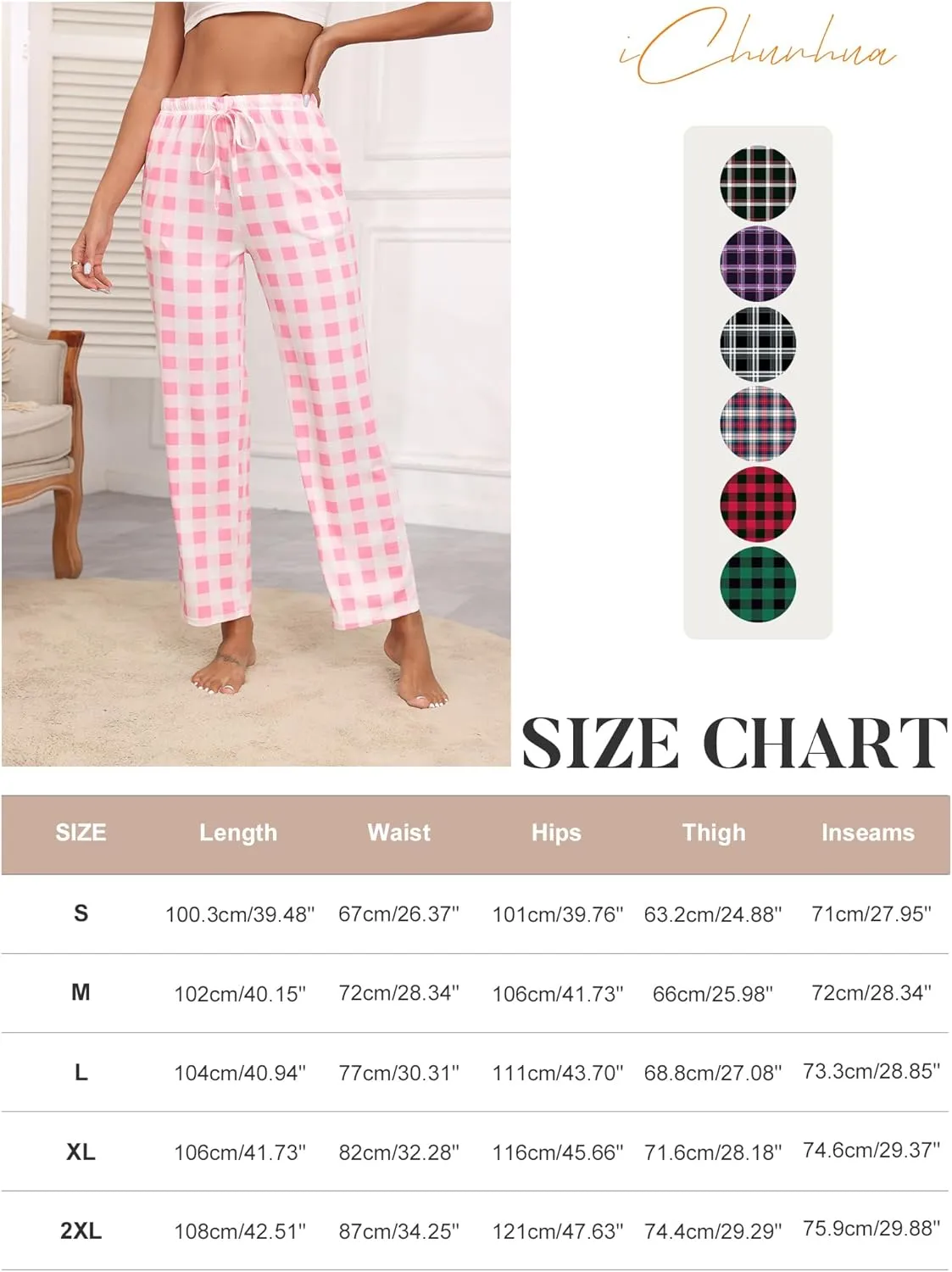 iChunhua Women's Comfy Casual Pajama Pants Pj Bottom with Pockets Stretch Plaid Sleepwear