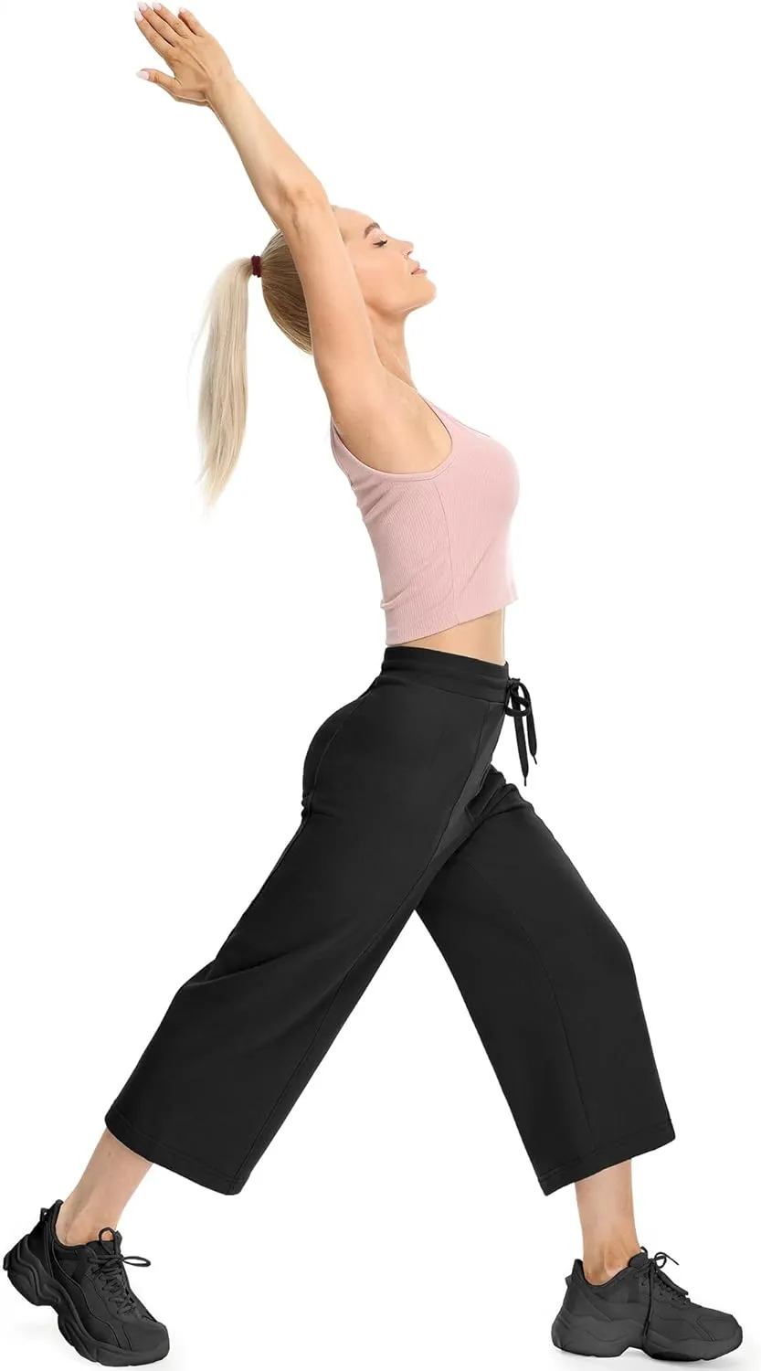 icyzone Women's High Waisted Fleece Lined Wide Leg Cropped Sweatpants, Drawstring Thick Comfy Jogger Pants