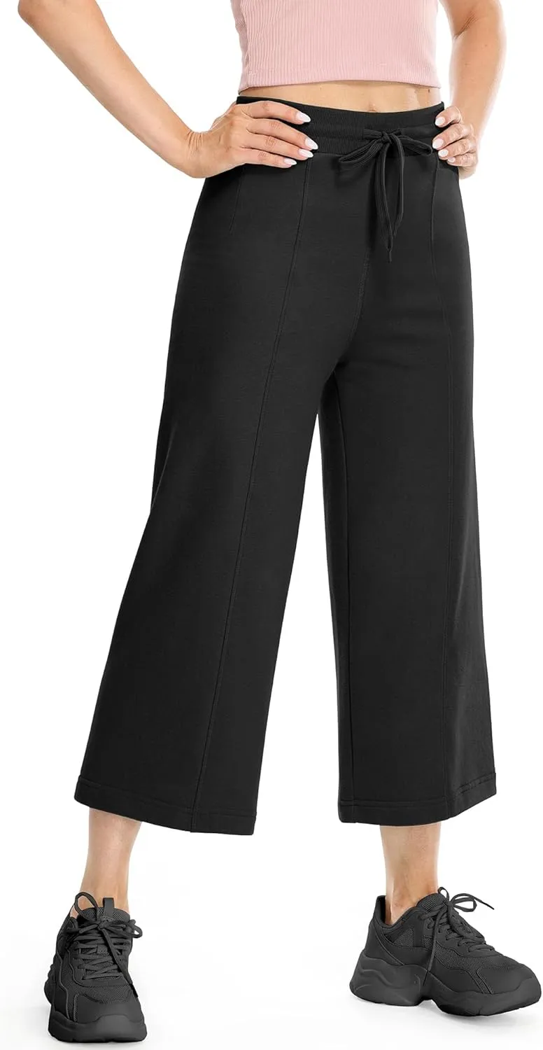 icyzone Women's High Waisted Fleece Lined Wide Leg Cropped Sweatpants, Drawstring Thick Comfy Jogger Pants