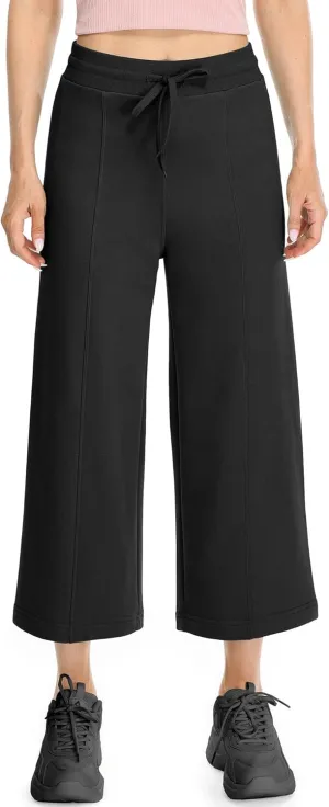 icyzone Women's High Waisted Fleece Lined Wide Leg Cropped Sweatpants, Drawstring Thick Comfy Jogger Pants