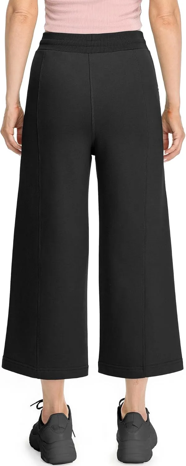 icyzone Women's High Waisted Fleece Lined Wide Leg Cropped Sweatpants, Drawstring Thick Comfy Jogger Pants