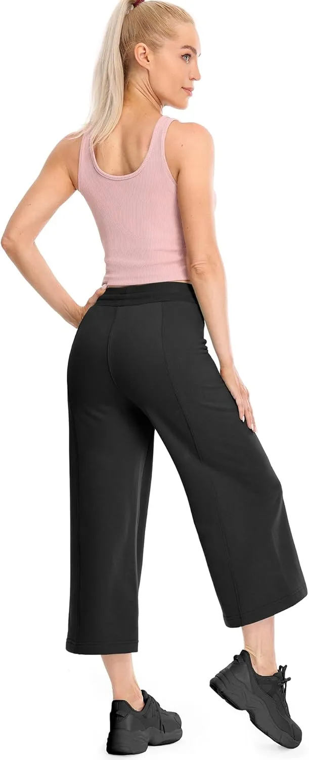 icyzone Women's High Waisted Fleece Lined Wide Leg Cropped Sweatpants, Drawstring Thick Comfy Jogger Pants