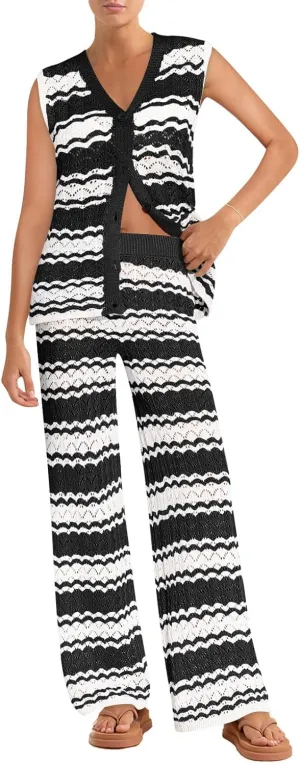 Imily Bela Womens 2 Piece Cover up Crochet Sets Striped Sleeveless Vest Tops Wide Leg Pants Summer Knit Matching Set