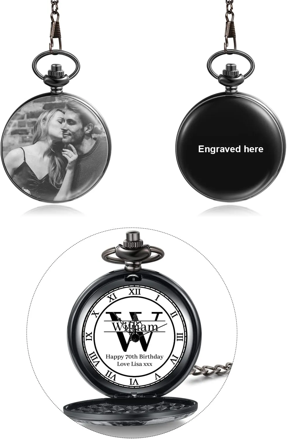 JewelOra Personalized Pocket Watch for Men Women Custom Engraving Name Pocket Watches with Detachable Chain Customized Pocket Watch with Picture Gift for Husband Boyfriend Dad