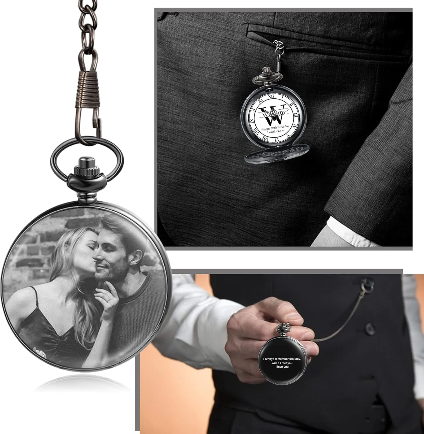 JewelOra Personalized Pocket Watch for Men Women Custom Engraving Name Pocket Watches with Detachable Chain Customized Pocket Watch with Picture Gift for Husband Boyfriend Dad