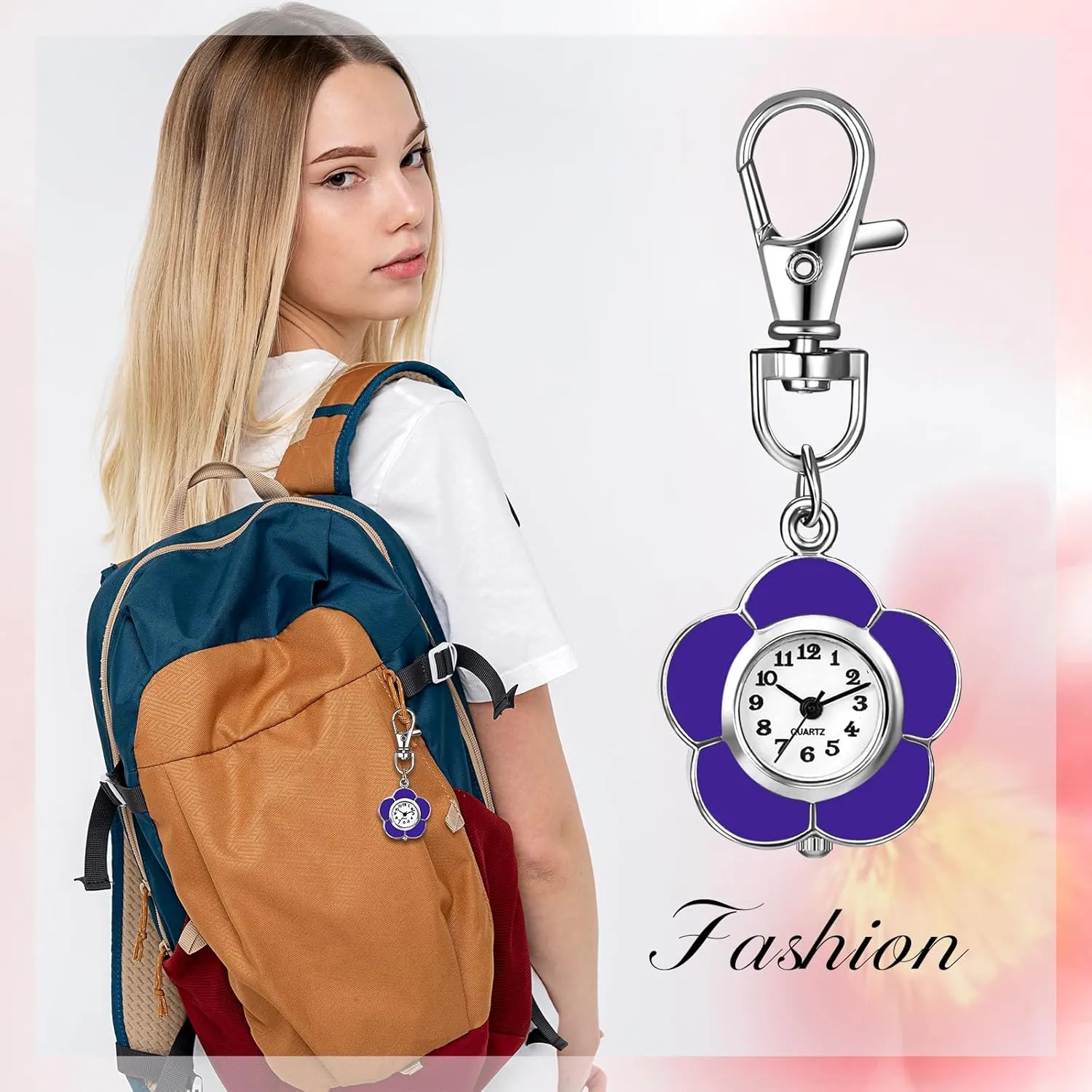 JewelryWe Backpack Key Chain Watch: Clip-on Quartz FOB Pocket Watch Novelty Cute Flower Carabiner Watches