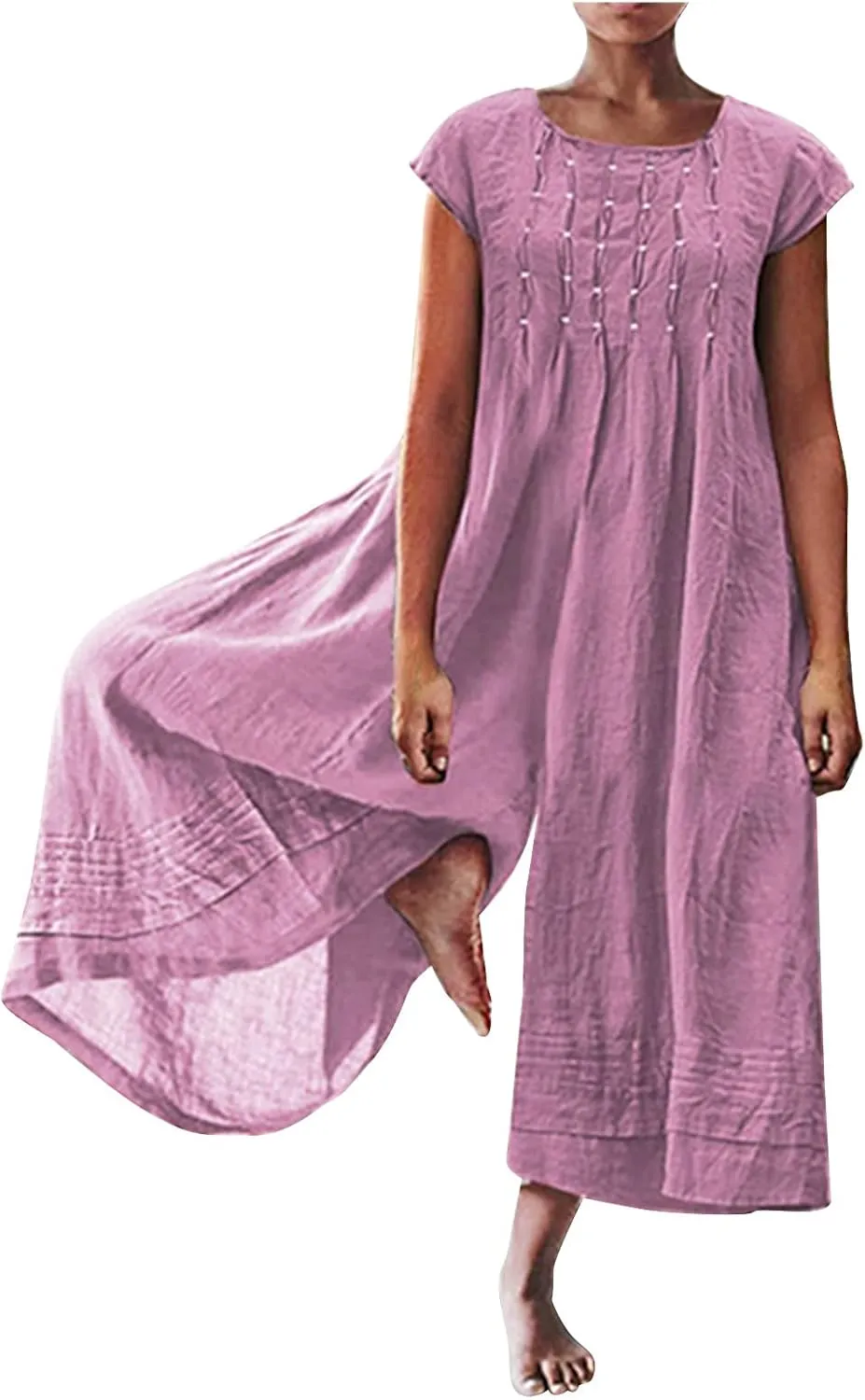 jsaierl Women Cotton Linen Long Sleeve Button Down Wide Leg Jumpsuits 2025 Casual Comfy Lightweight Summer Plus Size Romper