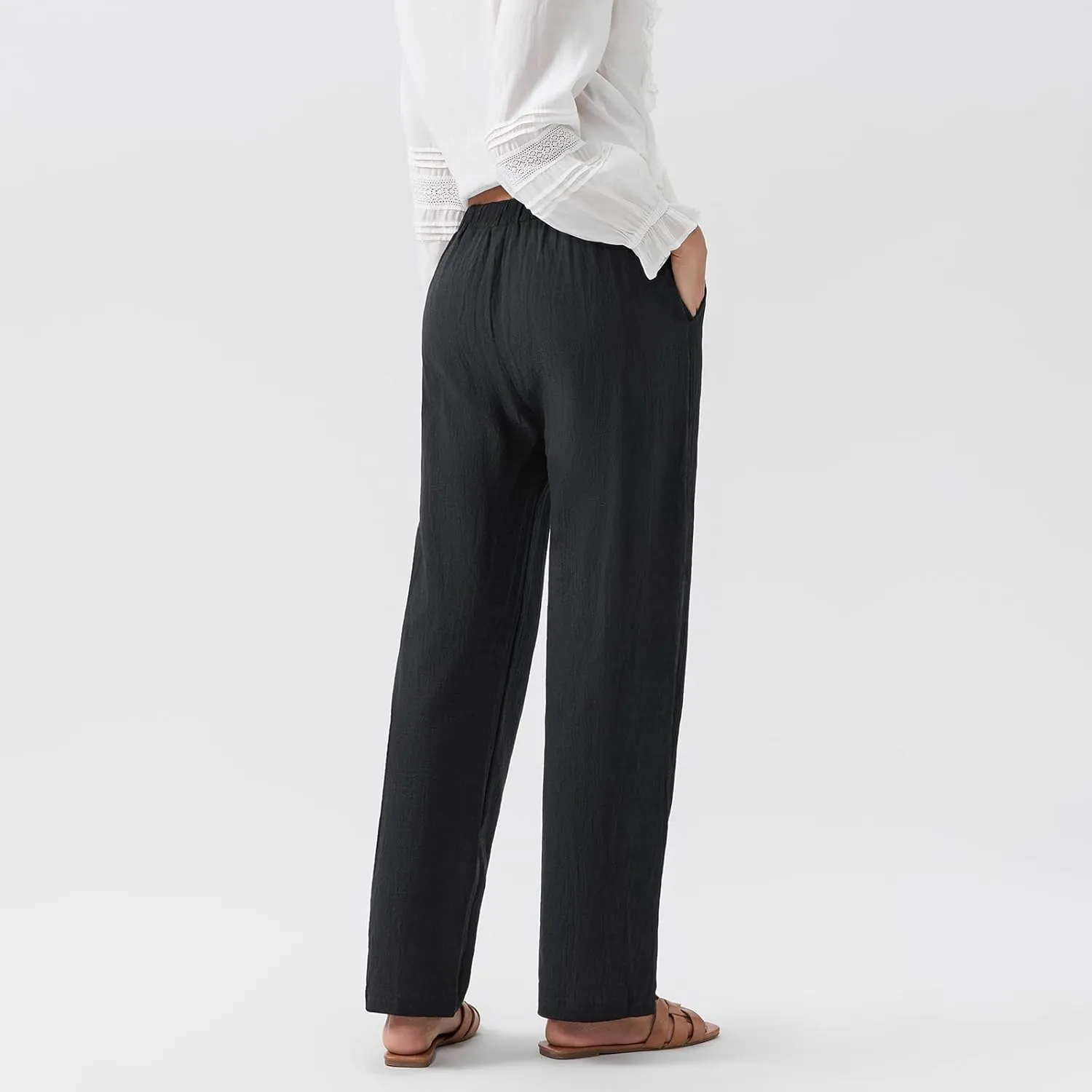 Karwuiio Women's Summer Cotton Linen Pants Casual High Waist Wide Leg Cargo Pants Loose Trousers with Pockets
