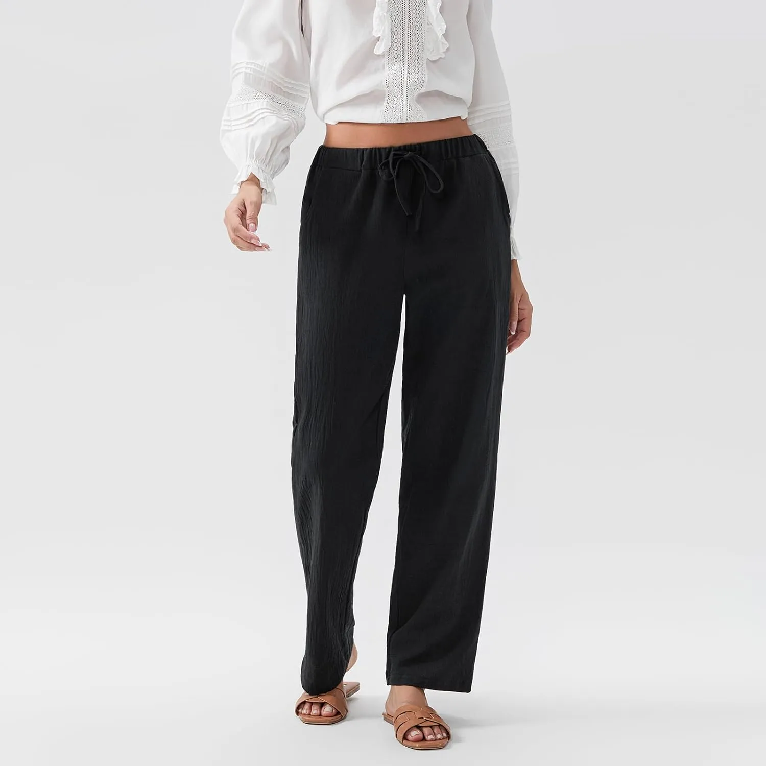 Karwuiio Women's Summer Cotton Linen Pants Casual High Waist Wide Leg Cargo Pants Loose Trousers with Pockets