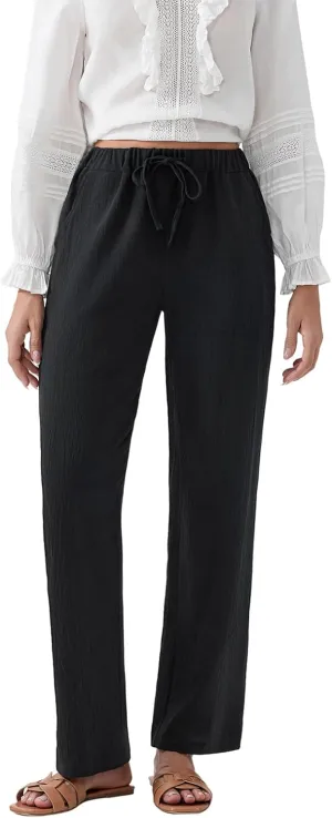 Karwuiio Women's Summer Cotton Linen Pants Casual High Waist Wide Leg Cargo Pants Loose Trousers with Pockets
