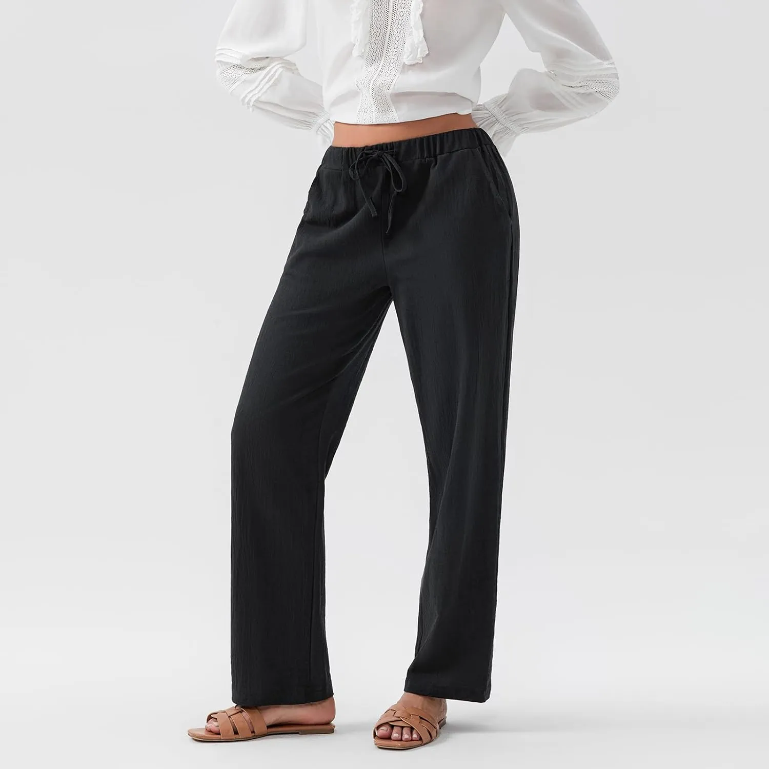 Karwuiio Women's Summer Cotton Linen Pants Casual High Waist Wide Leg Cargo Pants Loose Trousers with Pockets