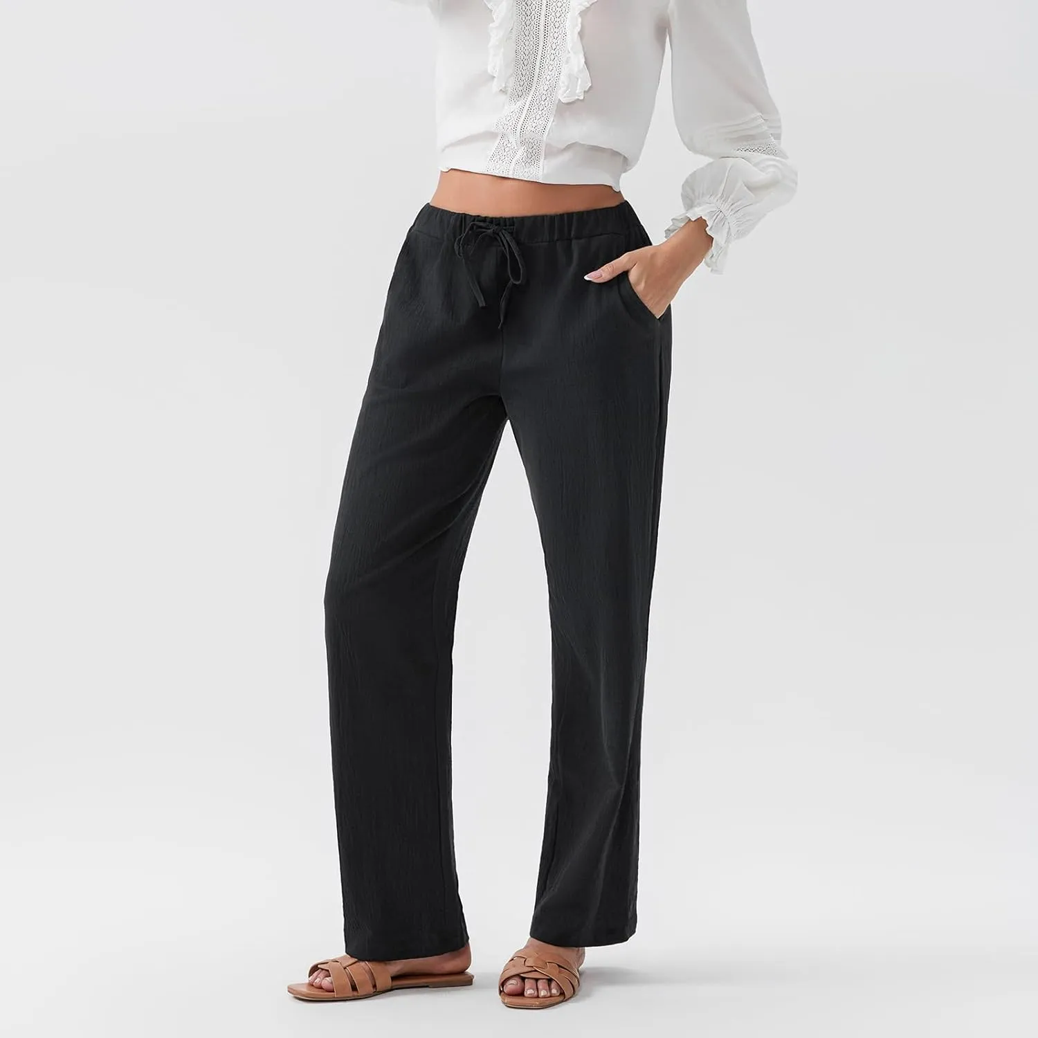 Karwuiio Women's Summer Cotton Linen Pants Casual High Waist Wide Leg Cargo Pants Loose Trousers with Pockets