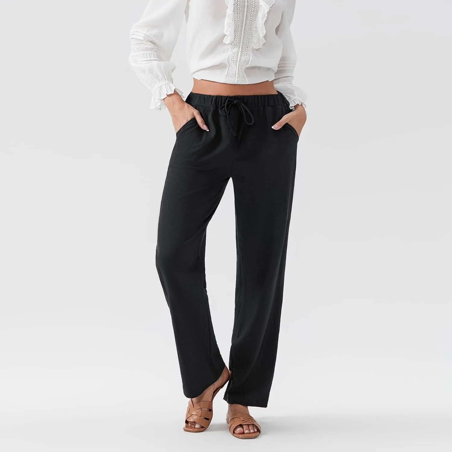 Karwuiio Women's Summer Cotton Linen Pants Casual High Waist Wide Leg Cargo Pants Loose Trousers with Pockets