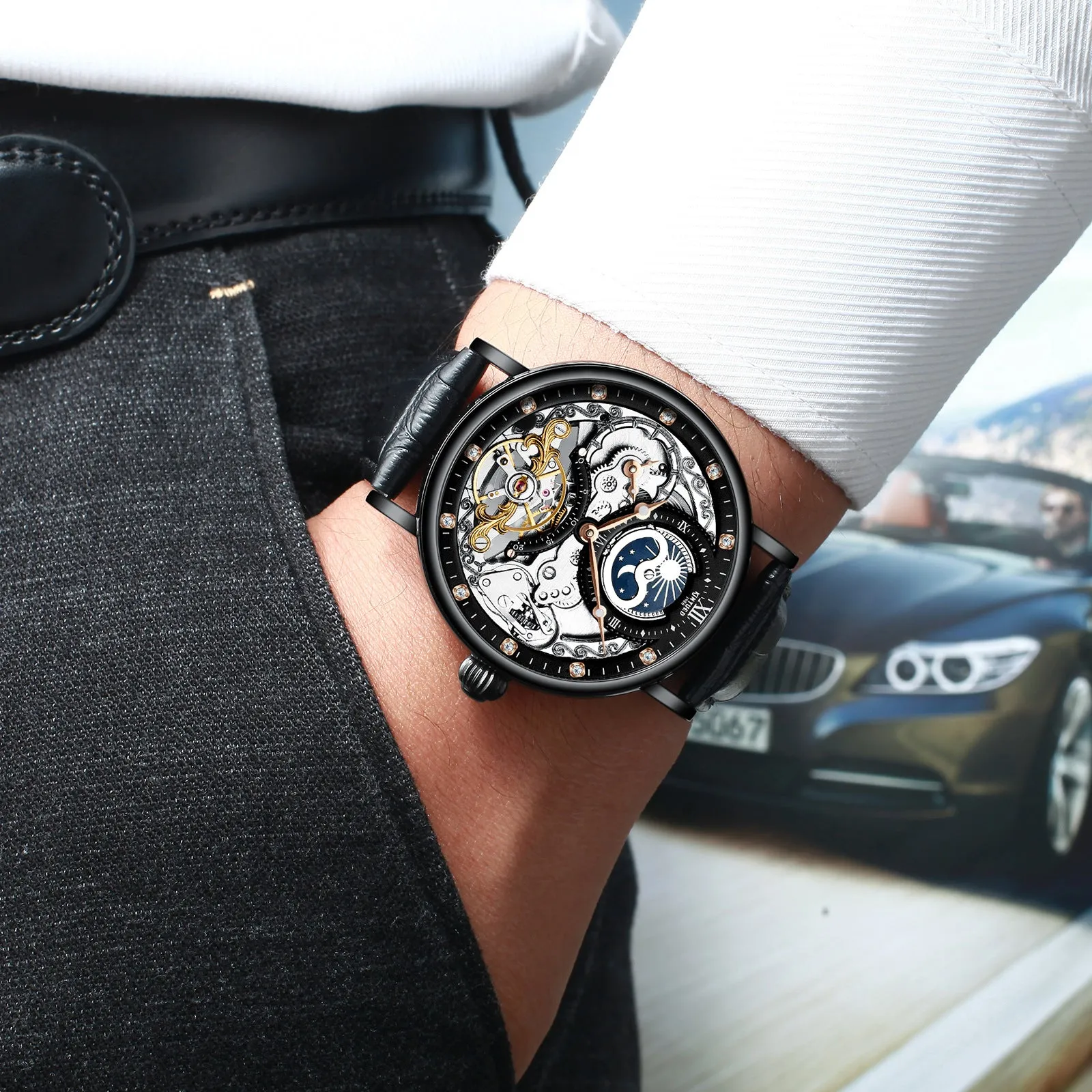KINYUED Jinyueda automatic tourbillon men's mechanical watch multi-function luminous waterproof sun, moon and stars