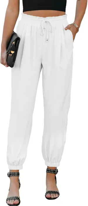 LAFOURAM Women's Casual Loose Drawstring Elastic High Waisted Harem Pants Comfy Trousers with Pockets