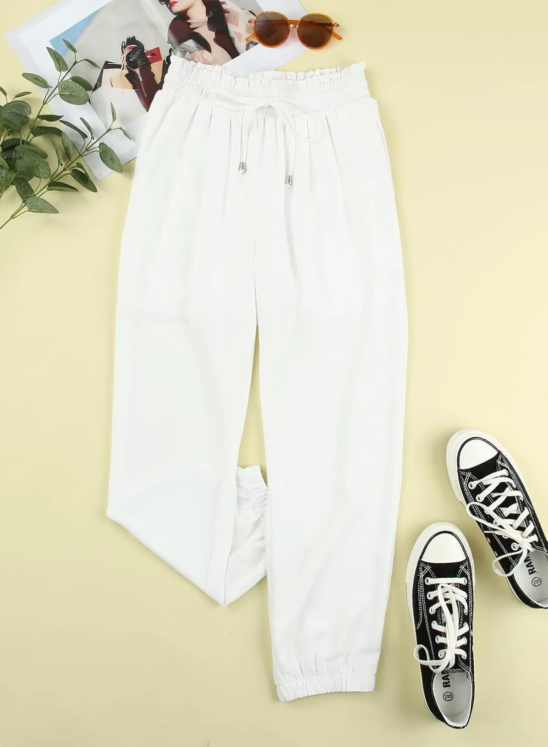 LAFOURAM Women's Casual Loose Drawstring Elastic High Waisted Harem Pants Comfy Trousers with Pockets