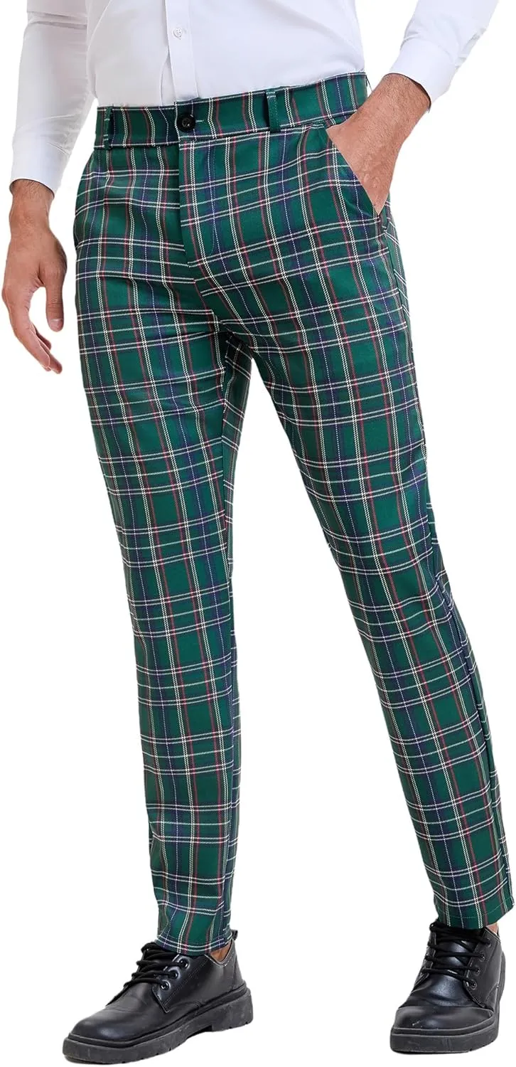 Lars Amadeus Men's Plaid Pants Regular Fit Flat Front Classic Elastic Waist Suit Pants