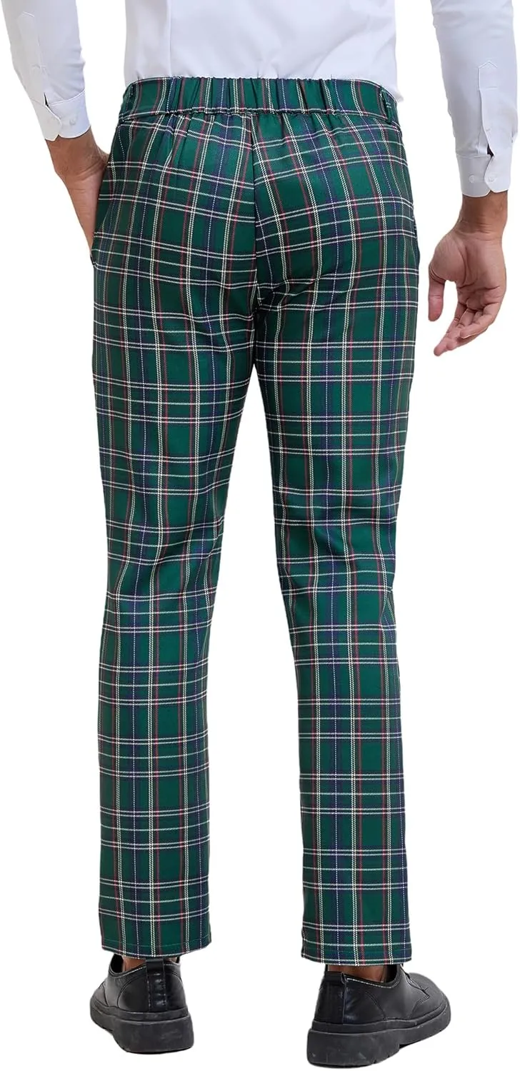 Lars Amadeus Men's Plaid Pants Regular Fit Flat Front Classic Elastic Waist Suit Pants