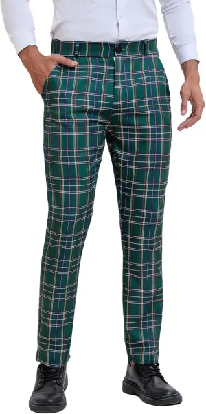 Lars Amadeus Men's Plaid Pants Regular Fit Flat Front Classic Elastic Waist Suit Pants