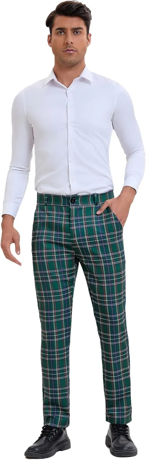 Lars Amadeus Men's Plaid Pants Regular Fit Flat Front Classic Elastic Waist Suit Pants