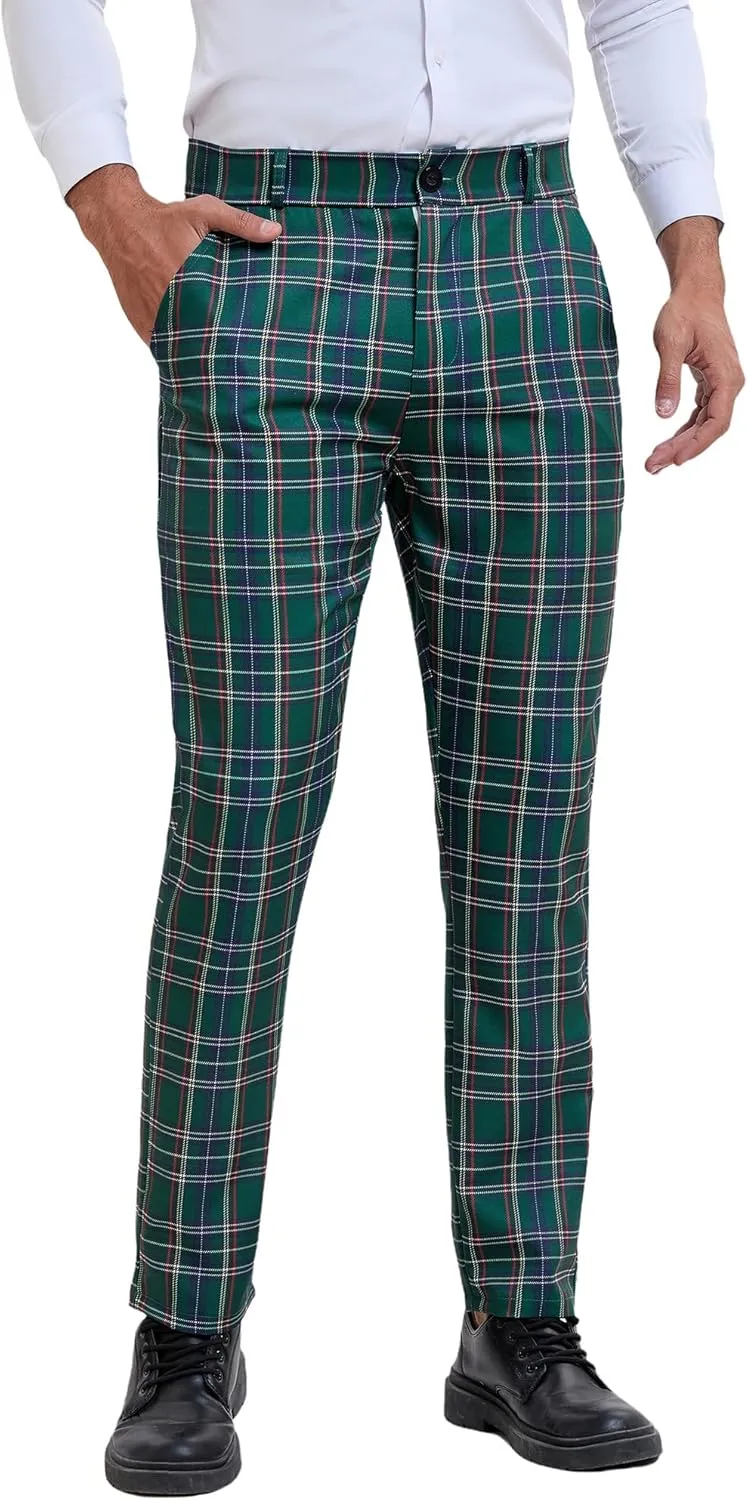 Lars Amadeus Men's Plaid Pants Regular Fit Flat Front Classic Elastic Waist Suit Pants