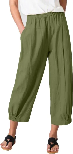 Les umes Women's Cropped Pants Cotton High Waist Wide Leg Capris Casual Loose Harem Pants Trousers with Pockets